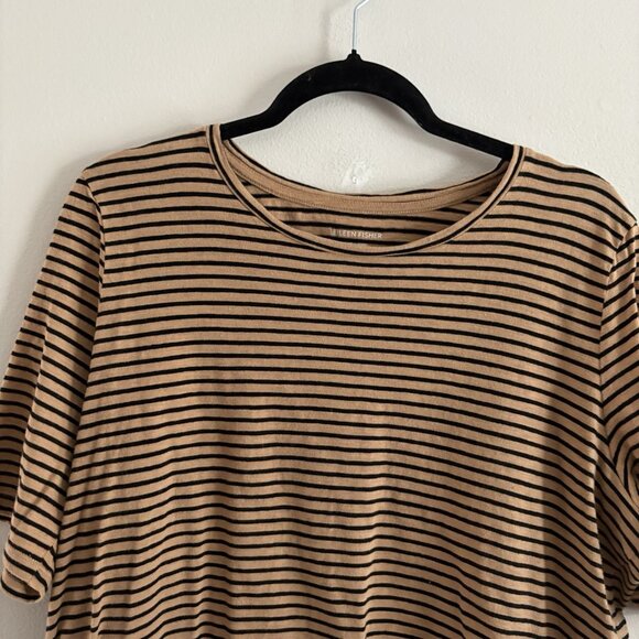 Eileen Fisher Women L Brown Black Striped Organic Cotton Short Sleeve T-Shirt - Picture 4 of 9